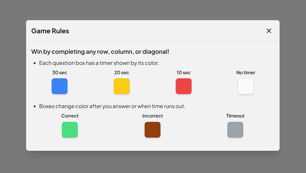 Info modal explaining how the Vocabulary game's timers and scoring work