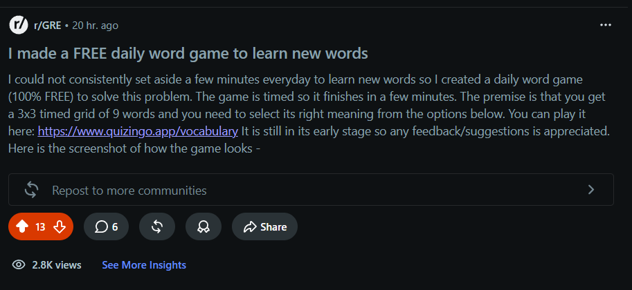 My post on the subreddit r/GRE
