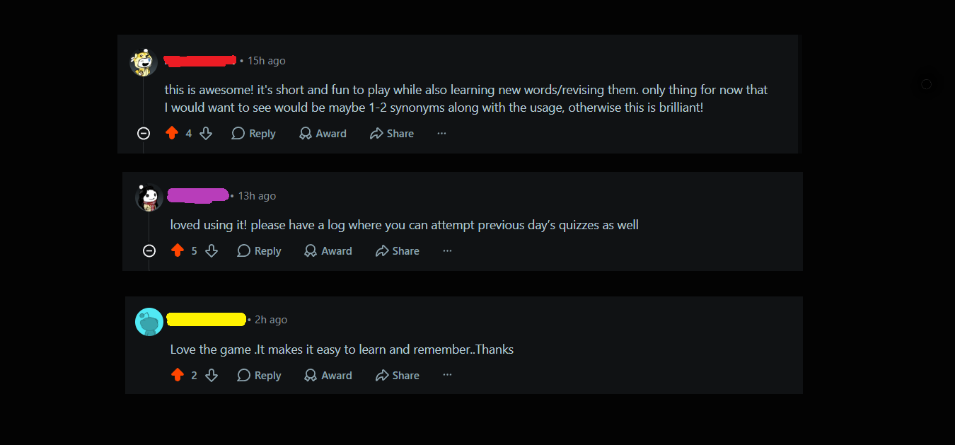 Comments left under the reddi post of the new Game